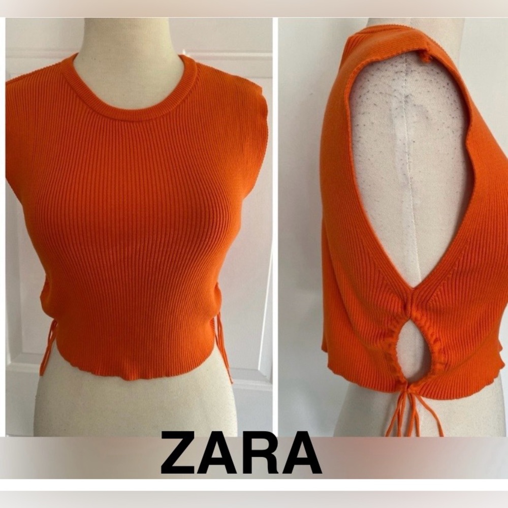 ZARA Orange Ribbed Knit Cropped Top With Side Tie Detail - Size L- NEW